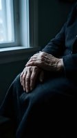 Elderly hands resting peacefully by window in soft natural light showing wisdom and life experience through aged skin texture and gentle pose.