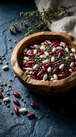 Mixed legumes and beans in rustic wooden bowl on dark slate surface with herbs for healthy cooking and nutrition concepts.