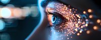 Futuristic close up of eye with glowing digital particles and light effects streaming from iris, representing artificial intelligence and technological advancement.