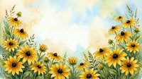 Watercolor yellow wildflowers with green foliage creating natural border frame on soft pastel background for spring summer botanical designs and decorations.