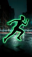 Glowing neon green silhouette of runner in motion on wet city street at night with urban buildings and light trails for fitness and sports concepts.