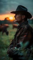 Senior Caucasian rancher in cowboy hat and leather jacket gazing at sunset over cattle pasture, atmospheric rural scene with dramatic golden hour lighting.