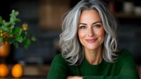 Confident mature Caucasian woman with trendy silver gray hair and natural makeup wearing green sweater smiling at camera, lifestyle portrait with oranges in background.