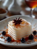 Layered white cream dessert garnished with star anise, fresh blueberries and dusted with cocoa powder on white plate, soft natural lighting creates appetizing mood.