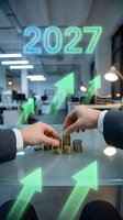 Business professionals stacking coins with glowing 2027 neon numbers and green growth arrows in modern office for financial planning and investment success.