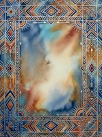 Watercolor abstract art with warm and cool tones framed by geometric tribal border pattern in navy, rust, and gold. Suitable for wall decor and design projects.