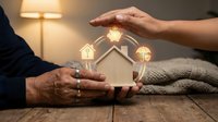 Couple holding miniature house model with glowing light bulbs symbolizing home energy efficiency, insurance protection, and real estate investment on wooden surface.