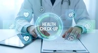 Medical professional in white coat with stethoscope presenting digital health check-up interface with glowing icons for healthcare technology and patient care.