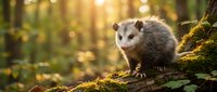 Young opossum sitting on mossy log in golden sunlight forest setting with warm bokeh background for wildlife and nature photography projects.