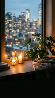 Cozy apartment windowsill with candles, houseplant and knitted blanket overlooking blurred city lights at evening twilight for home decor and lifestyle.