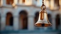 Antique brass bell hanging against blurred monastery courtyard background with arched columns and warm evening light creating nostalgic atmosphere.