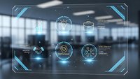 Futuristic holographic interface with glowing blue elements and data visualization icons floating over blurred modern office background.