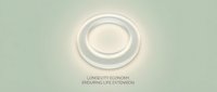 Futuristic glowing circular portal with concentric rings on soft sage background, symbolizing longevity, economy, and life extension technology for healthcare and wellness concepts.
