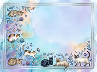Watercolor frame with cute cats, butterflies and floral elements on pastel background. Copy space for text, invitations, greeting cards and pet-themed designs.