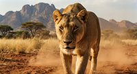 Majestic lioness walking on dusty savanna path with acacia trees and dramatic mountain backdrop in golden hour light creating perfect wildlife safari scene.