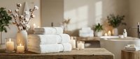 Spa bathroom interior with fluffy white towels, cotton branches and candles creating relaxing wellness atmosphere for home decor and self-care rituals.