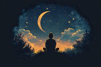 Silhouette of person sitting alone under crescent moon and starry night sky with dreamy orange and blue clouds, meditation and mindfulness concept.