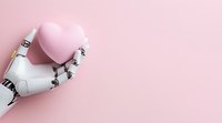 Robotic hand holding pink heart on pastel pink background. Modern technology meets romance concept for artificial intelligence and emotional connection.