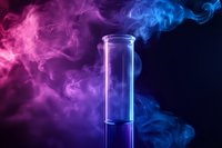 Empty glass test tube surrounded by vibrant pink and blue smoke on dark background, dramatic lighting creates mysterious scientific atmosphere.