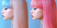 Side profile portraits of Asian woman with long straight hair in pastel colors - pink and blue tones. Fashion beauty concept showing trendy hair coloring and styling.
