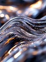 Flowing waves of transparent glass or crystal with golden light reflections and sparkles create an elegant abstract macro composition with dynamic curves and depth.