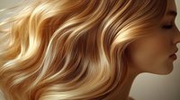 Young woman with flowing blonde wavy hair against neutral background, side profile view showcasing professional hair styling and natural golden highlights.