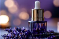 Luxury purple glass dropper bottle with golden cap surrounded by dried lavender flowers against blurred bokeh background for skincare and aromatherapy products.