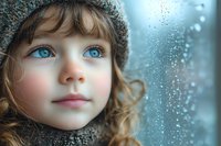 Young girl with striking blue eyes wearing knit hat gazes dreamily through rainy window, soft natural lighting creates atmospheric mood for childhood innocence portraits.