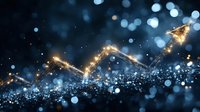 Glowing golden arrow chart rising with sparkles and bokeh lights on dark blue background, financial growth concept for business presentations.