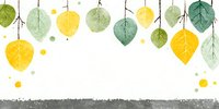 Watercolor autumn leaves in green and yellow hanging from branches, creating a decorative border against white background with gray grunge element.