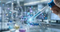 Hand holding laboratory pipette with glowing digital network connections representing scientific research and biotechnology innovation in modern lab setting.