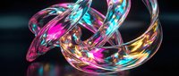 Glowing iridescent glass torus knot with neon pink, cyan, and gold reflections on dark background, futuristic abstract art for wallpaper or print.
