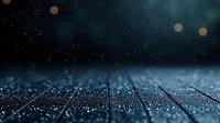 Moody dark wooden surface with water drops and bokeh lights creating magical atmosphere. Blurred teal background with glowing particles and reflections.