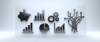 Business and finance icons set with piggy bank, charts, gears and circuit board elements on white background for corporate presentations and financial reports.