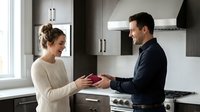 Young couple exchanging gift in modern kitchen during romantic moment together at home celebrating special occasion.