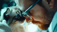 Close-up of bearded Caucasian male veterinarian examining tabby cat with medical instrument during clinical checkup in modern animal hospital setting.