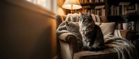 Fluffy tabby cat sitting on a cozy armchair with warm lamp light and bookshelves in background, creating a homey atmosphere.