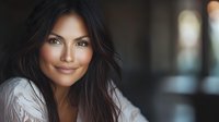 Confident mixed race woman with long dark hair and natural makeup smiling warmly at camera. Wearing white lace top against blurred background. Professional portrait.