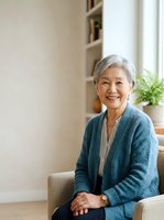 Senior Asian woman with short gray hair, wearing a teal cardigan over a striped shirt, smiling warmly while seated indoors near a window with plants and shelving visible in background.