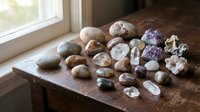 Collection of natural minerals and gemstones displayed on wooden surface near window with soft natural lighting for geology education and decoration.