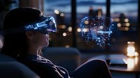 Young Asian woman wearing virtual reality headset with glowing blue holographic interface displays against evening cityscape background, exploring digital metaverse experience.