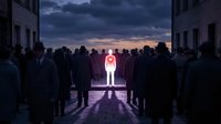 A glowing figure stands illuminated in red light, centered between two rows of silhouetted people in an urban alley at dusk. Use for leadership, uniqueness, innovation, and standing out concepts.