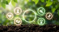 Wellness concept with glowing icons on natural green background. Health, meditation, fitness and organic lifestyle symbols floating above fertile soil.