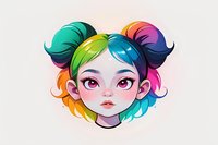 Cute anime style portrait of young girl with rainbow colored hair in double buns hairstyle, pink eyes and rosy cheeks on light background. Digital art character design.