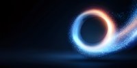 Glowing cosmic ring with blue and orange light effects against dark space background, swirling energy particles creating dynamic motion trail in universe.