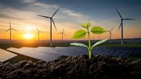 Green plant seedling growing from soil with solar panels and wind turbines at sunset representing sustainable renewable energy and environmental growth.