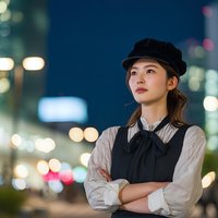 Young Asian woman chef in black apron and cap standing confidently with crossed arms against blurred city lights at night for culinary business branding.