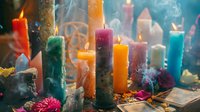 Colorful ritual candles burning with mystical smoke creating atmospheric spiritual ceremony scene for meditation and magical practices.