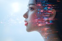 Side profile portrait of young Asian woman with red lipstick dissolving into digital particles effect, representing artificial intelligence and technology transformation.