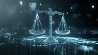 Digital scales of justice formed by glowing particles and light streaks on dark background, representing law technology and digital transformation in legal industry.